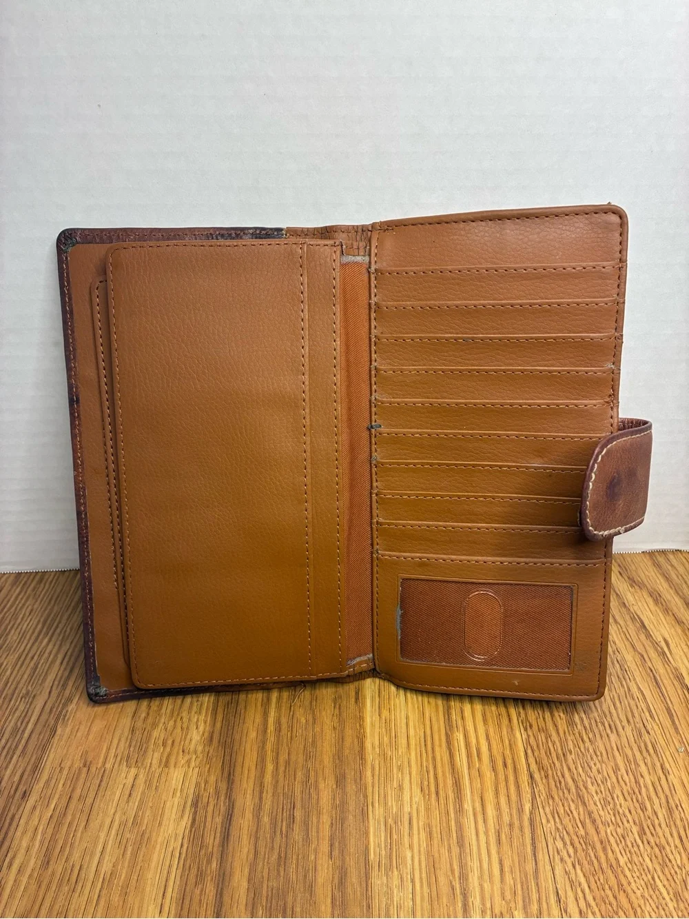Vintage Tan Leather Guang Tong Women's Continental Bifold Strap Button Wallet